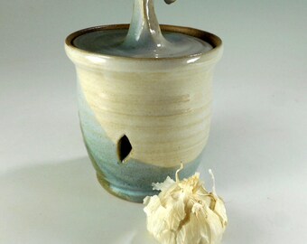 Garlic keeper jar with lid, pottery kitchen canister garlic jar, ceramic garlic jar, garlic storage jar, garlic keeper jar