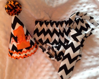 Boys Cake Smash Outfit - Black Chevron - Diaper Cover, Tie & Birthday Hat - Birthday Set