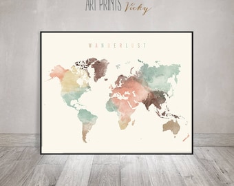 Wanderlust, World map print, World map poster, World map art, World map wall art, watercolor travel Map, Large world map, ArtPrintsVicky