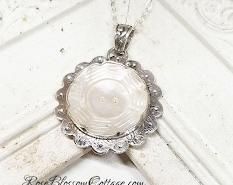 Antique Mother of Pearl Button Scalloped Flower Sterling Pendant Necklace