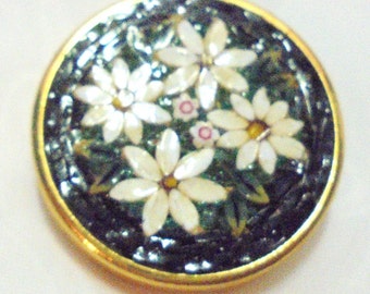 Micro Mosiac Pin Black with White Daisies and Green Leaves Marked Italy