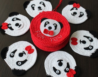 Crochet Panda mug rugs, Set of 6 mug coasters, Mug rugs in gift case can be personolized