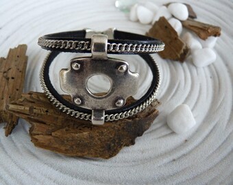 Mens black leather and spends leather silver plated bracelet