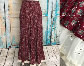 Scully Red Calico Pleated Western Maxi Skirt Eyelet