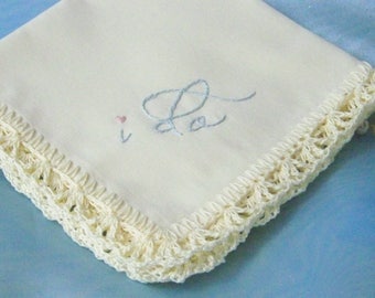 Bridal keepsake, Bridal Handkerchief, Hanky, Hankie, I do, Something Blue, Hand Crochet, Lace, Personalized, Embroidered, Ready to ship