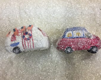 Camper Scamp trailer and car teena flanner original patriotic retro papier mache summer glitter