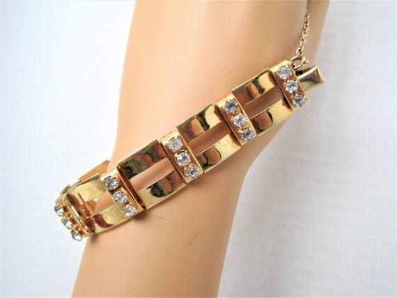 Rhinestone Link Bracelet, Gold Rectangular Panels, Vintage Modernistic Design