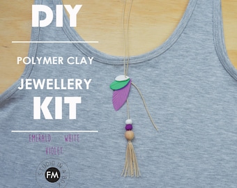 DIY Polymer Clay Jewellery Kit - Polymer clay leaf necklaces - Handmade - Emerald + White + Violet
