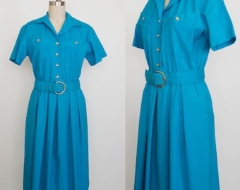 Vintage Short Sleeve Day Dress - Blue - Shirt Waist Dress - Collared - Button Up - Belted - Elastic Waist - Brelli - Women's 8 Medium