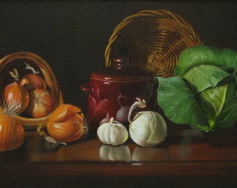 Cabbage and Onions, original oil painting by Liisa Strandman