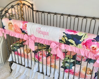 Navy Portadown Watercolor Floral Crib Bedding, Baby Pink Baby Bedding, Bumperless Crib Bedding, Baby Girl Bedding, White Girl Crib Set