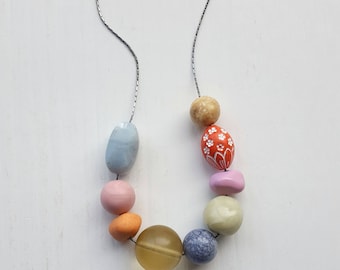 fresco necklace - remixed vintage beads - soft pastel colors - coral, terracotta, celery, slate, grey - spring floral jewelry