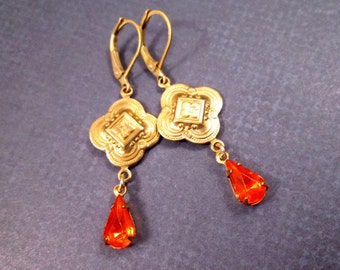 Rhinestone Drop Earrings, Red Glass Stones, Gold Dangle Earrings, FREE Shipping U.S.