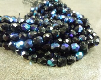 Jet AB Czech Glass Firepolish Beads 6mm Faceted Glass 25pc Black
