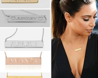 Real gold bar necklace, Rose Gold Bar Necklace, Personalized Bar, Customized name Necklace, Horizontal bar, Monogrammed necklace