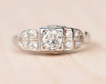 Art Deco Old European Cut Diamond Engagement Ring Filigree White Gold