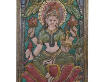 Vintage Indian Door Panel Hand Carved Lakshmi Hindu Goddess Wooden Wall Sculpture Indian Wall Panel Zen Decor