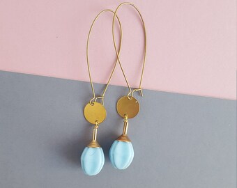 Brass vintage blue glass long earrings