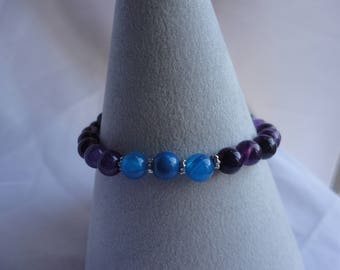 Purple Stripe Agate and Blue Stripe Agate Semi Precious Gemstone Bracelet - B143c