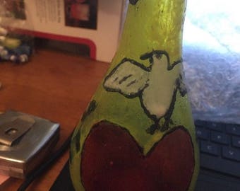 Hand painted orangina small flower vase bottle, folk art dove heart S.T.S. 1998
