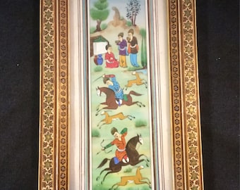 Persian Oil Painting Middle Eastern Painting Hunting Scene Micro Mosaic Khatam Inlay Wood Frame Marquetry Frame Hand Painted Vintage Small
