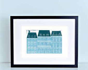 Paris France Linocut Block Print 8x10 4x6 artwork Haussmann Haussmannian architecture wrought iron balcony