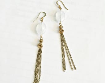 Fun Long Dangle Earrings with French Hooks, Faceted White Crystal with Long Chain Tassels, BoHo, Gypsy