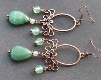 Earrings say "Chandeliers" aventurine and copper metal