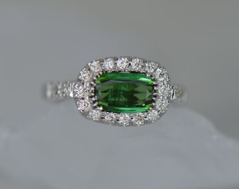 ONE-OF-A-KIND: Natural Green Tourmaline and Diamond Ring (14K Matte White Gold)