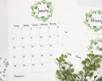 2018 Calendar Printable, Printable Calendar 2018, 12 Month Calendar, Watercolor Printable Calendar, Instant Download, Print, - VINTAGE