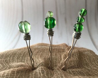 Mini Hair Pins | Green and Silver | Beaded Bobby Pins | Hair Pins | Handmade Hair Accessories | Hair Jewelry | Set of 3
