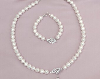 Pearl necklace and bracelet, bridesmaid pearl jewelry, pearl bridal jewelry set