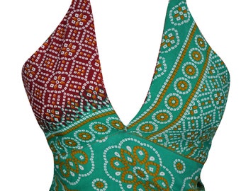 Green/Red Sexy Stylish Crop Top Upcycled Silk Tie Back Printed Vintage Halter Tops Blouse One Size