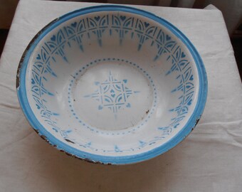 A rare large French vintage enamelware bowl with robin's egg blue decor