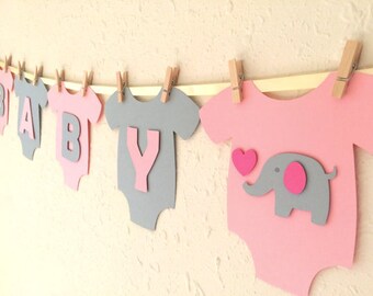 Baby One-Piece Bodysuit "BABY GIRL" Elephant Baby Shower Banner: Pink and Gray Elephant Baby Shower Decoration