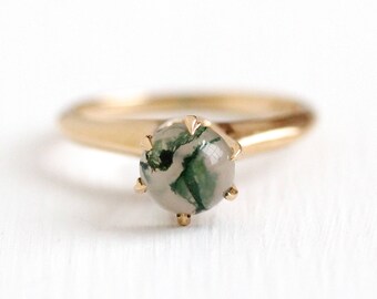 Moss Agate Ring - Vintage 14k Rosy Yellow Gold White & Green Gem Cabochon - Edwardian Era 1910s Size 4 3/4 Statement Raised Fine Jewelry