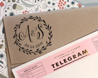 Custom wedding stamp, circular monogram save the date stamp with wedding date and initials, rubber stamp and self inking stamp