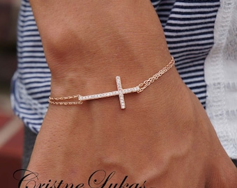 Sideways Cross Bracelet Or Anklet with CZ Stones. Celebrity Style Horizontal Cross Bracelet - Rose Gold or Yellow Gold with Sterling Silver