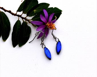 190 Small dichroic fused glass earrings wedge shape in dark blue