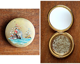 Vintage Mirror Compact, Stratton 1950's Compact, Ship Compact
