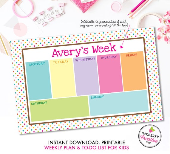 printable kids weekly planner and to do list instant