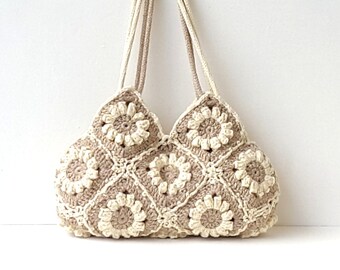 Beige crochet flowers bag hippie purse boho shoulder bag eco friendly purse bohemian floral tote crochet summer bag tan everyday floral bag