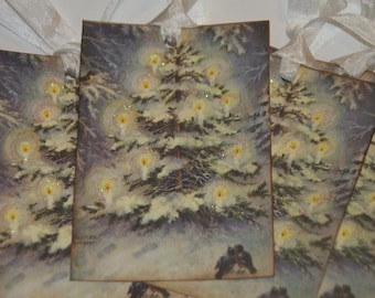 Vintage Glittered Christmas Tree Gift Tags
