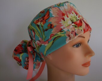 Teal Coral Bliss Ponytail - Womens lined surgical cap, Chefs hat, Nurse surgical hat, 52+5550 OW