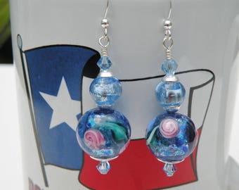 Blue & Violet Silver Foil Murano Glass, Monet Lilly Pad Earrings, 14mm Venetian Beads, Swarovski Crystals, Sterling Silver Wires or Posts