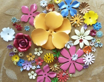 Vintage enamel flower beads,blue,green,pink,yellow, Lot of more than 70