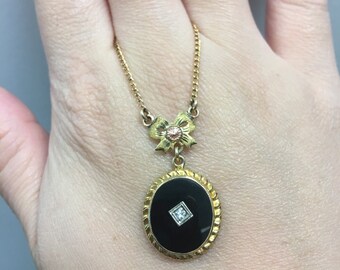 Antique 14k diamond black onyx lavalier necklace