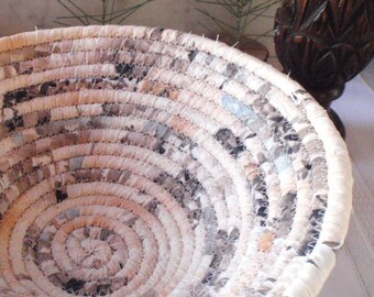 Tan, Peach, Brown, Slate Blue Coiled Fabric Basket - Catchall for Your Keys, Change, Handmade by Me