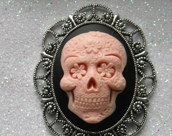 Pink Day of the Dead Skull Antique Silver Brooch