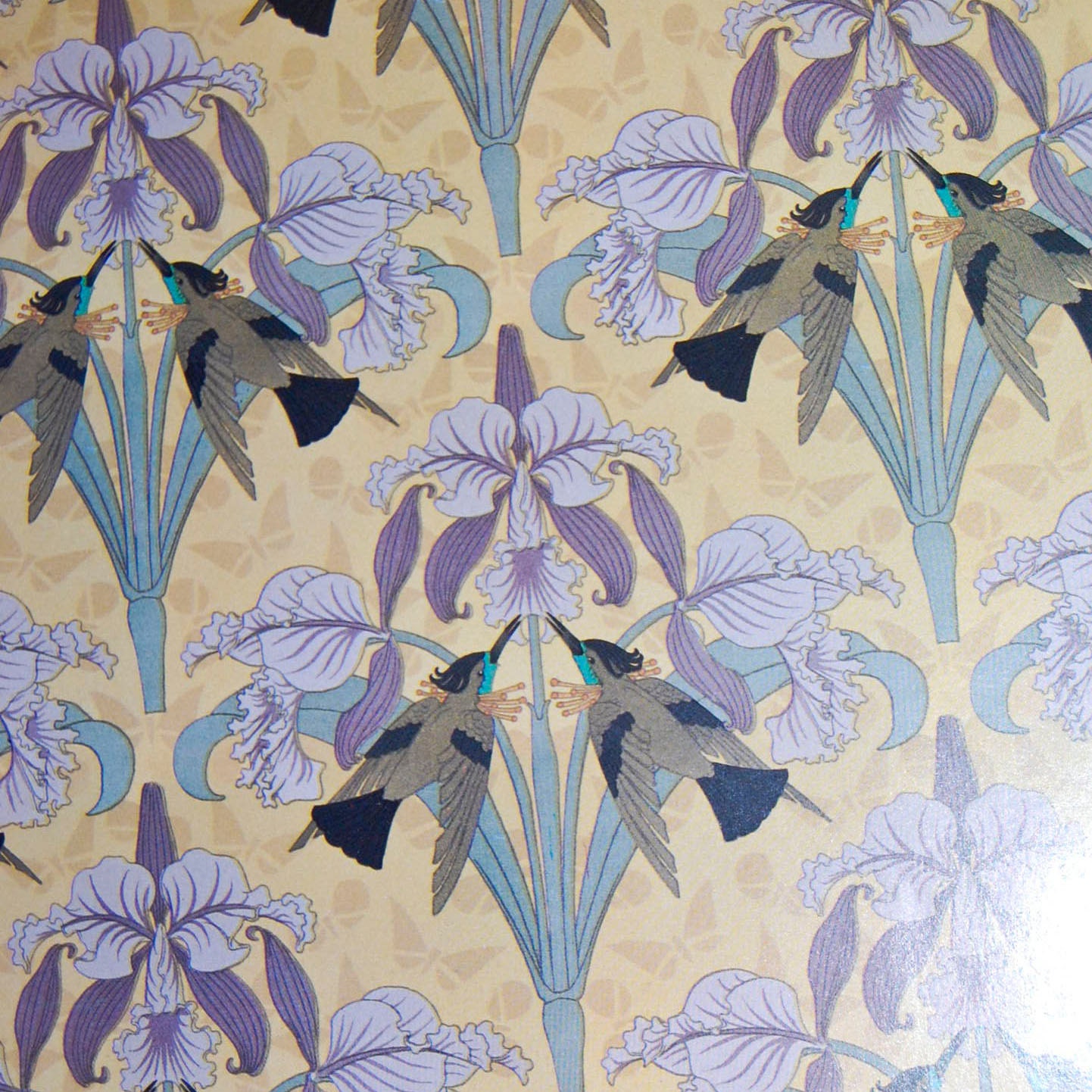 Decorative Paper Art Nouveau Hummingbird and Purple Iris